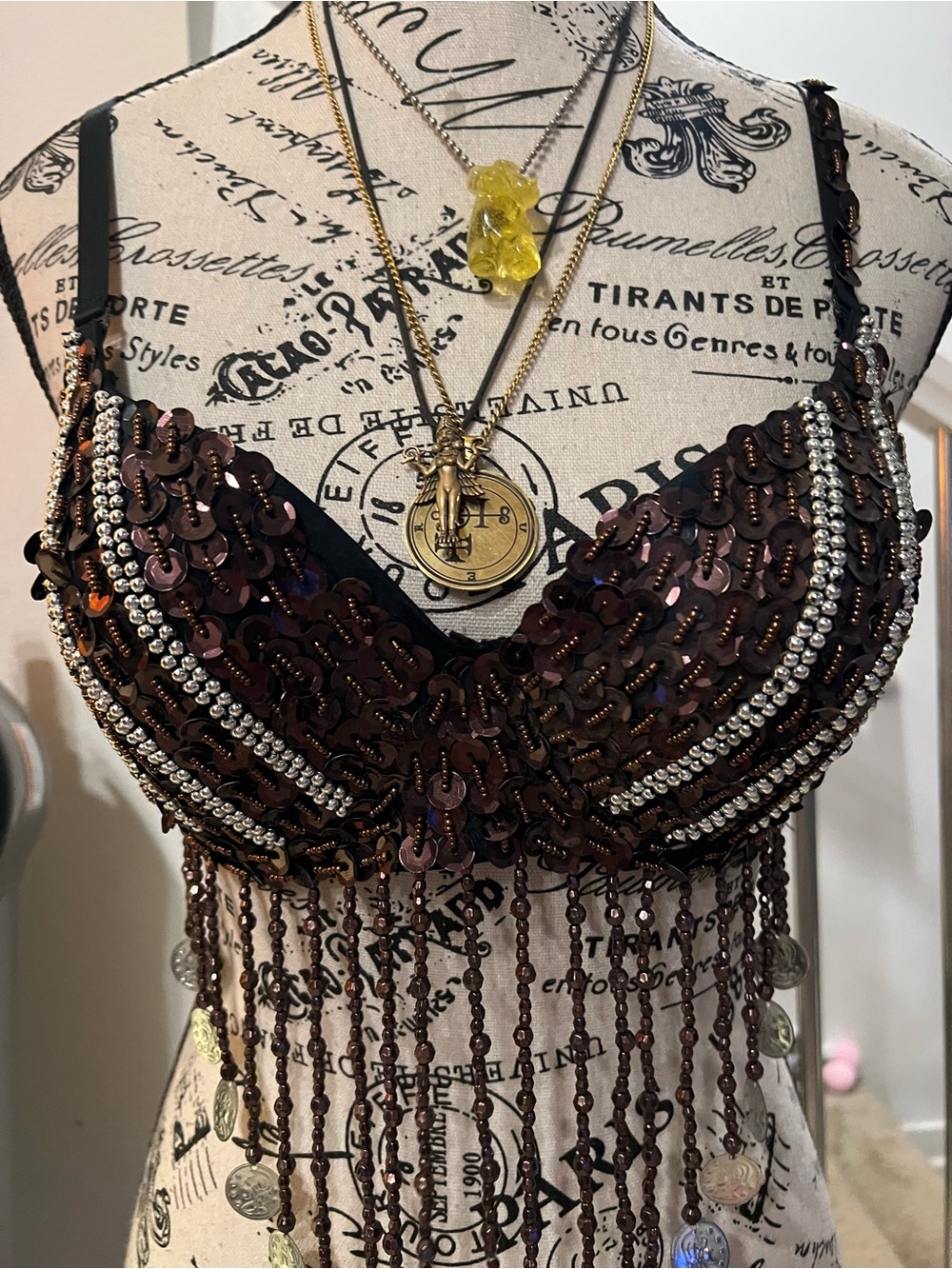Sequin Beaded Fringe Bra Top β Deep Brown